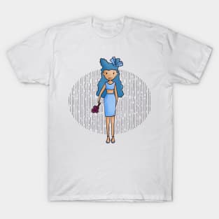 Cute blue haired girl with a blue outfit and holding a bunch of flowers in her hand T-Shirt